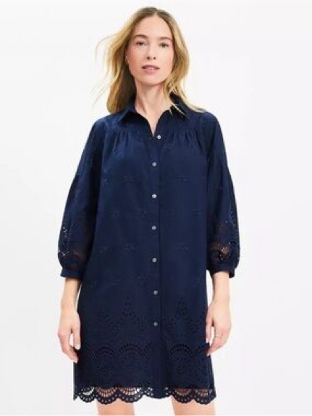 LOFT Scalloped Eyelet Midi Pocket Shirtdress Blue Small Petite